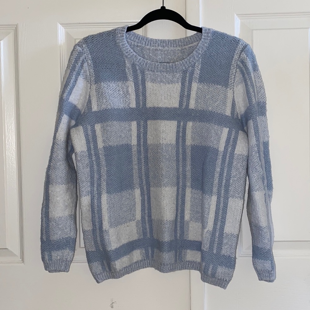 UO Vintage Fuzzy Blue and White Plaid Oversized Knit Sweater